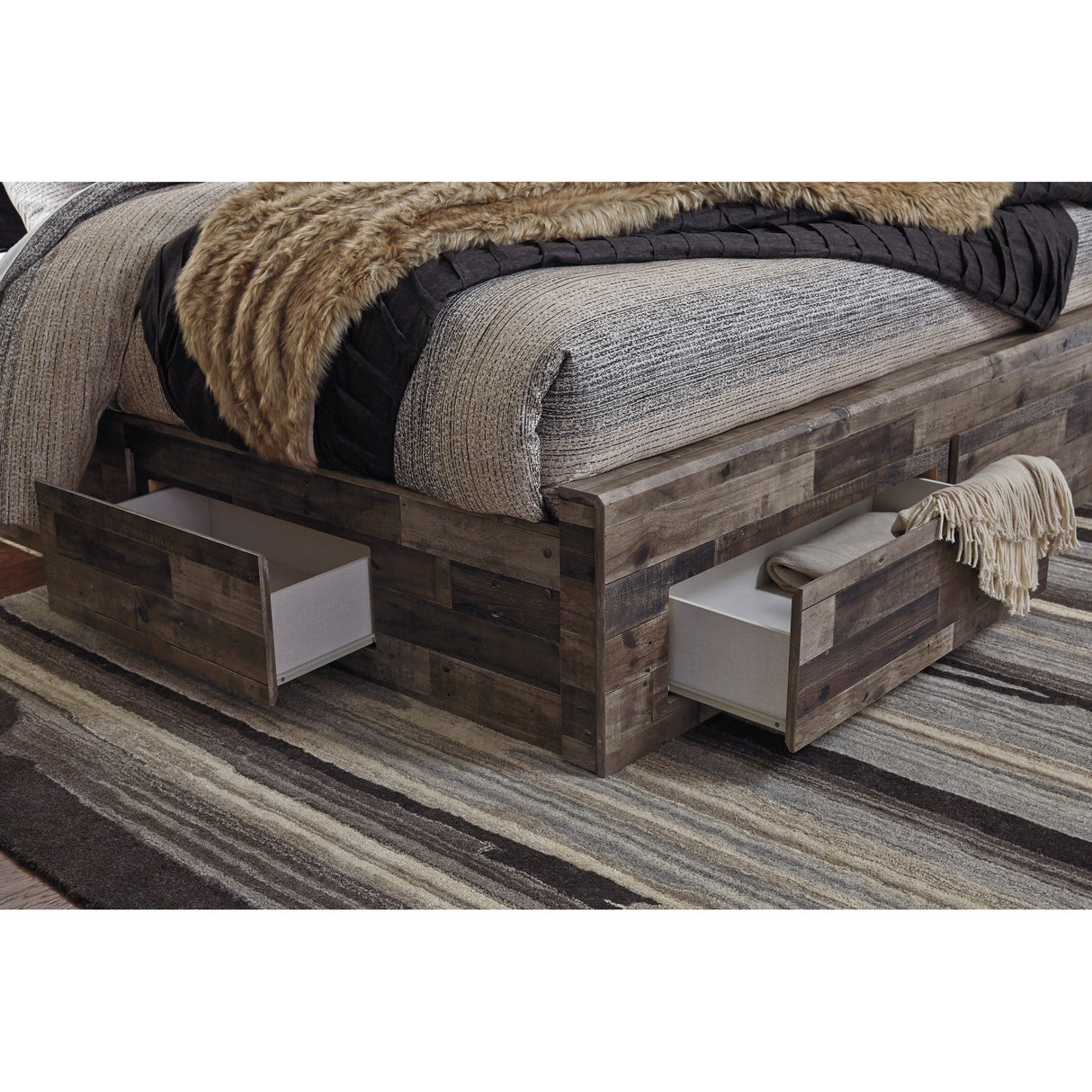 Detail view of Derekson Gray Queen 4 Drawer Storage Bed