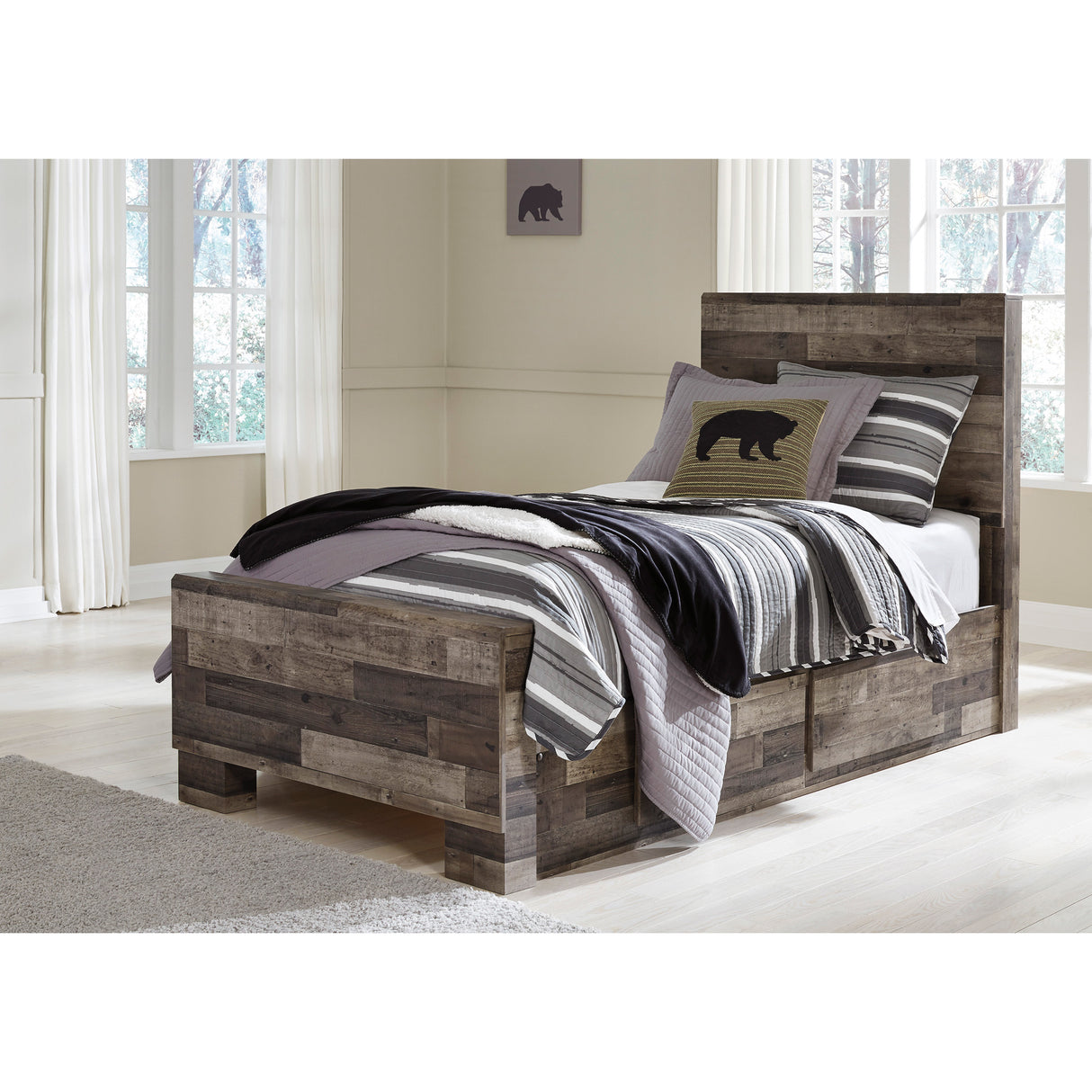 A room setting featuring Derekson Gray Twin Storage Bed