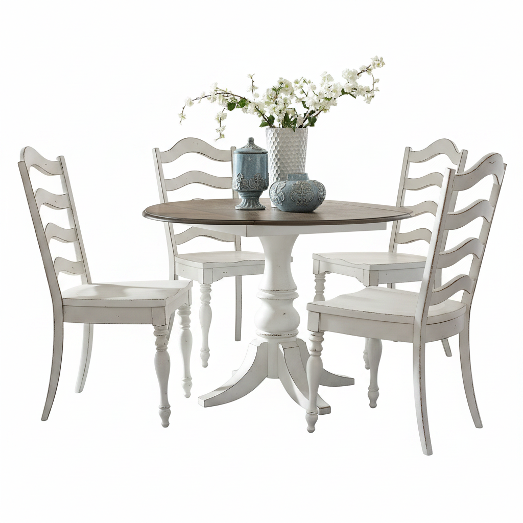 A distressed white dining set featuring a round pedestal table with a dark wood top and four matching ladder-back chairs, styled with a vase of white flowers and two blue-gray ceramic containers on a white background.