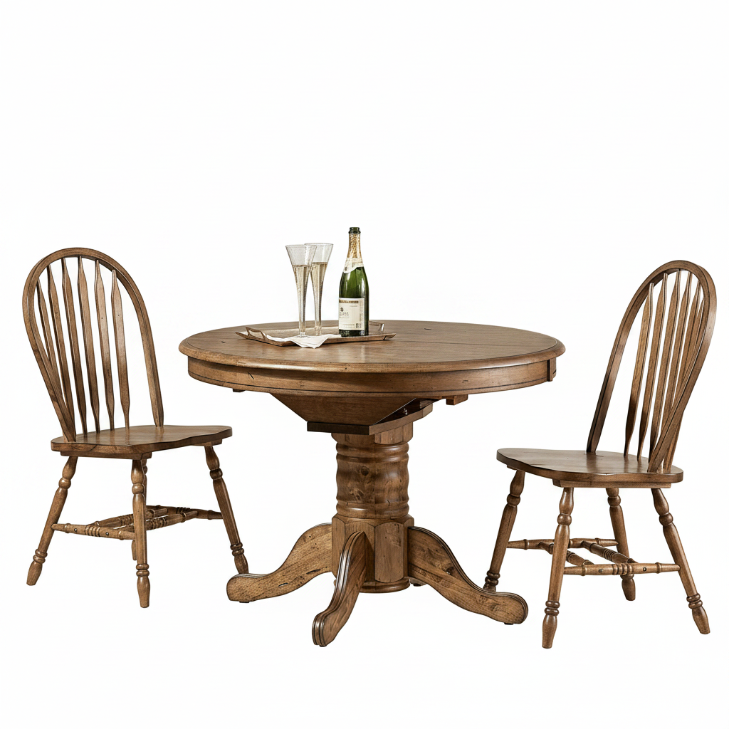 A round wooden pedestal dining table with two matching spindle-back chairs, shown on a clean white background. The table is set with two champagne flutes and a bottle.