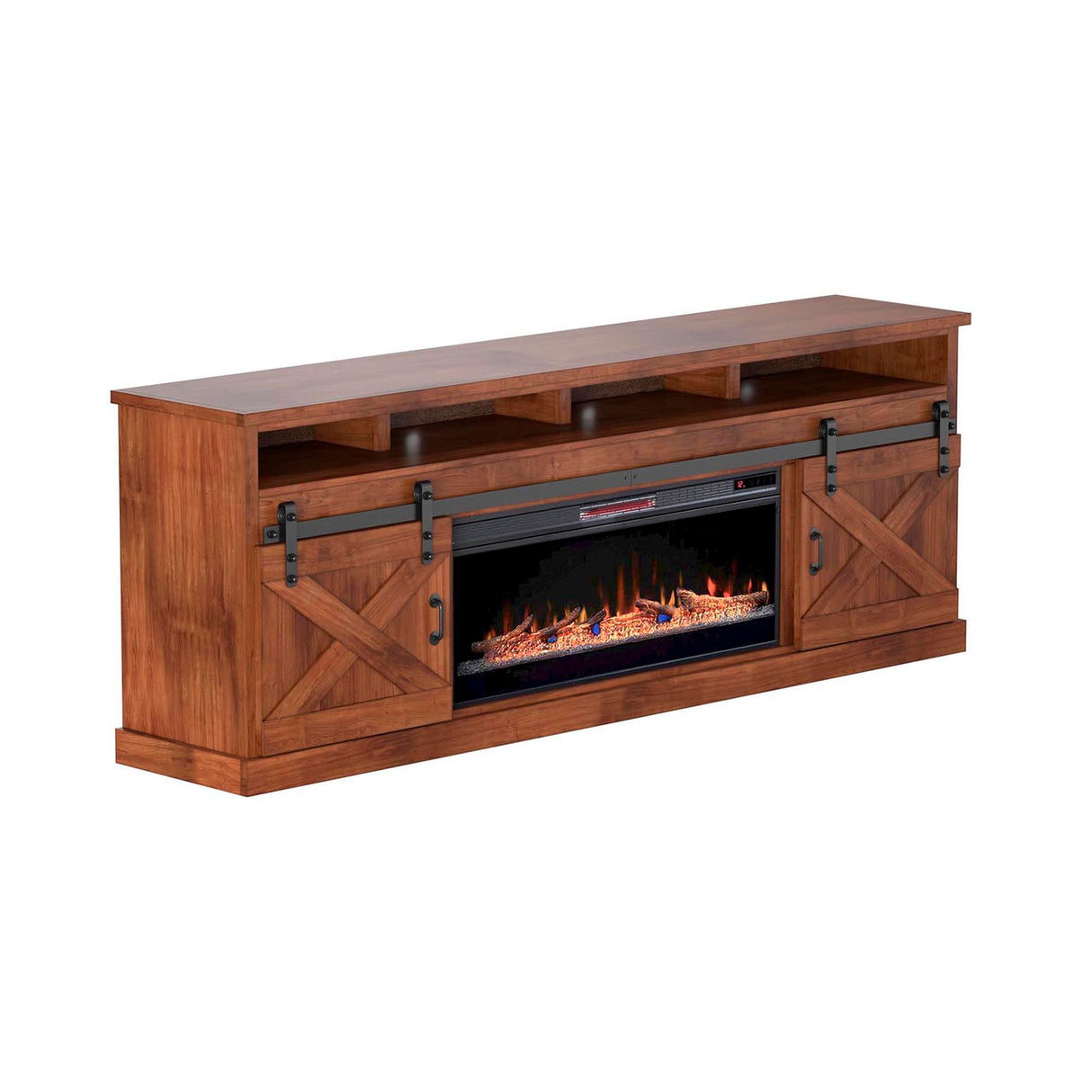 Front left view of Farmhouse Aged Whiskey 94 Inch Fireplace Console