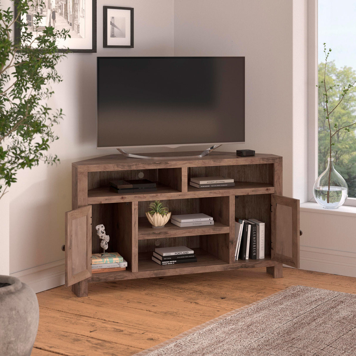 A room setting featuring Joshua Creek Barnwood Corner Console