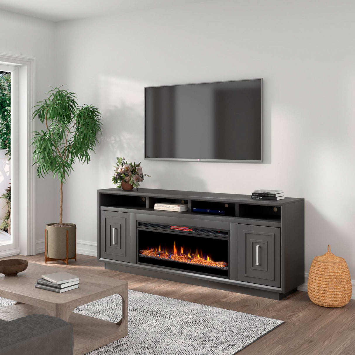Room setting 2 featuring Sunset Seal 83 Inch Fireplace Console