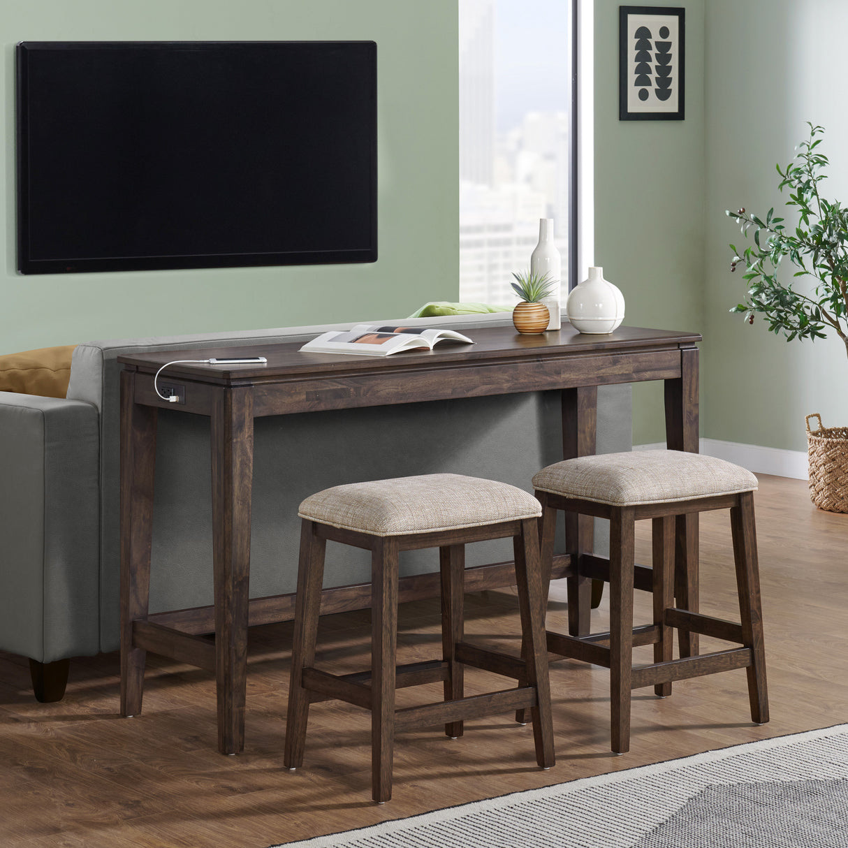 A room setting featuring Kauai Brushed Mango Backless Counter Stool