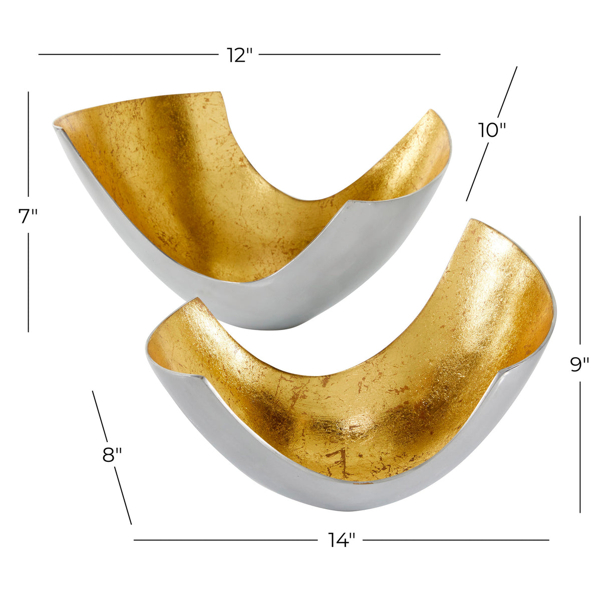 Detail image of Elevated Chic Brushed Gold Set of 2 Bowls with overlay of product dimensions