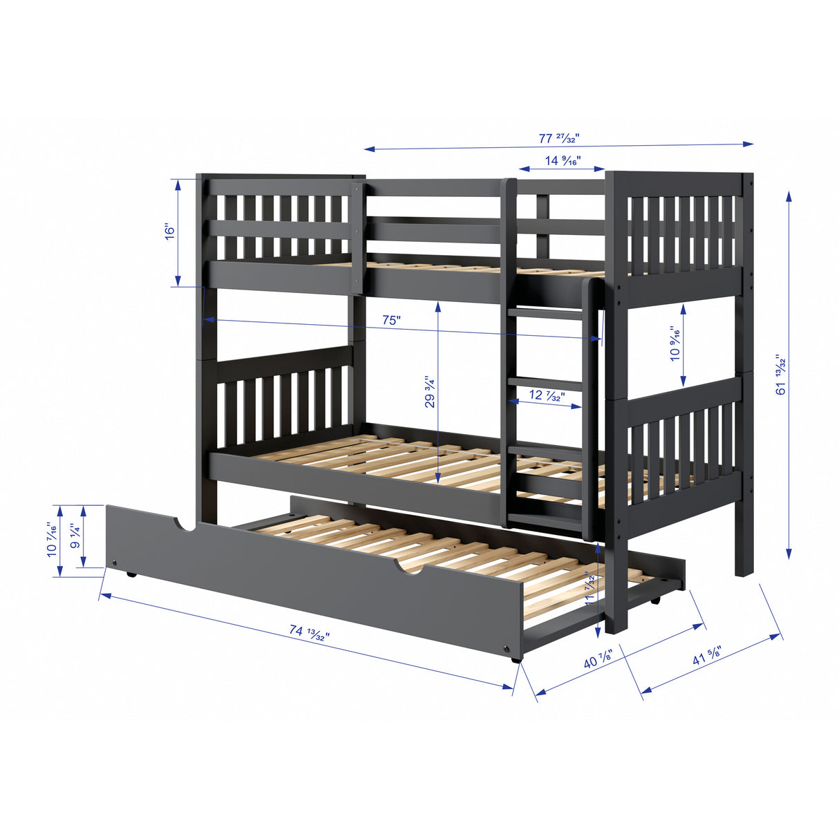 Detail image of Jordan Gray Twin Over Twin Bunk Bed With Trundle with overlay of product dimensions