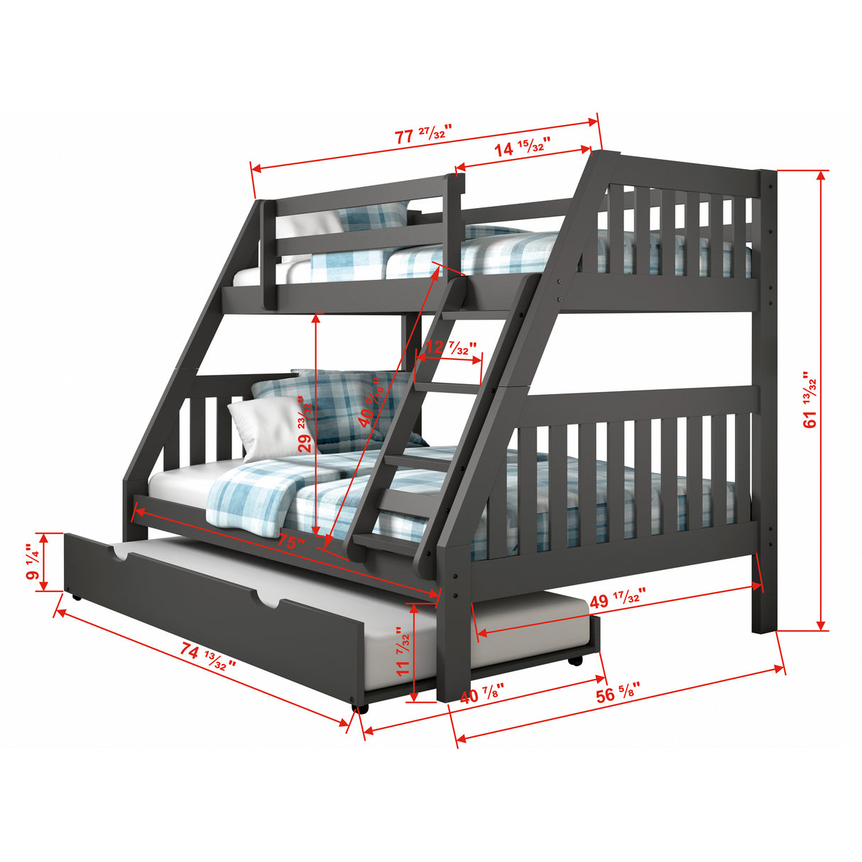 Detail image of Jordan Gray Twin Over Full Bunk Bed With Trundle with overlay of product dimensions