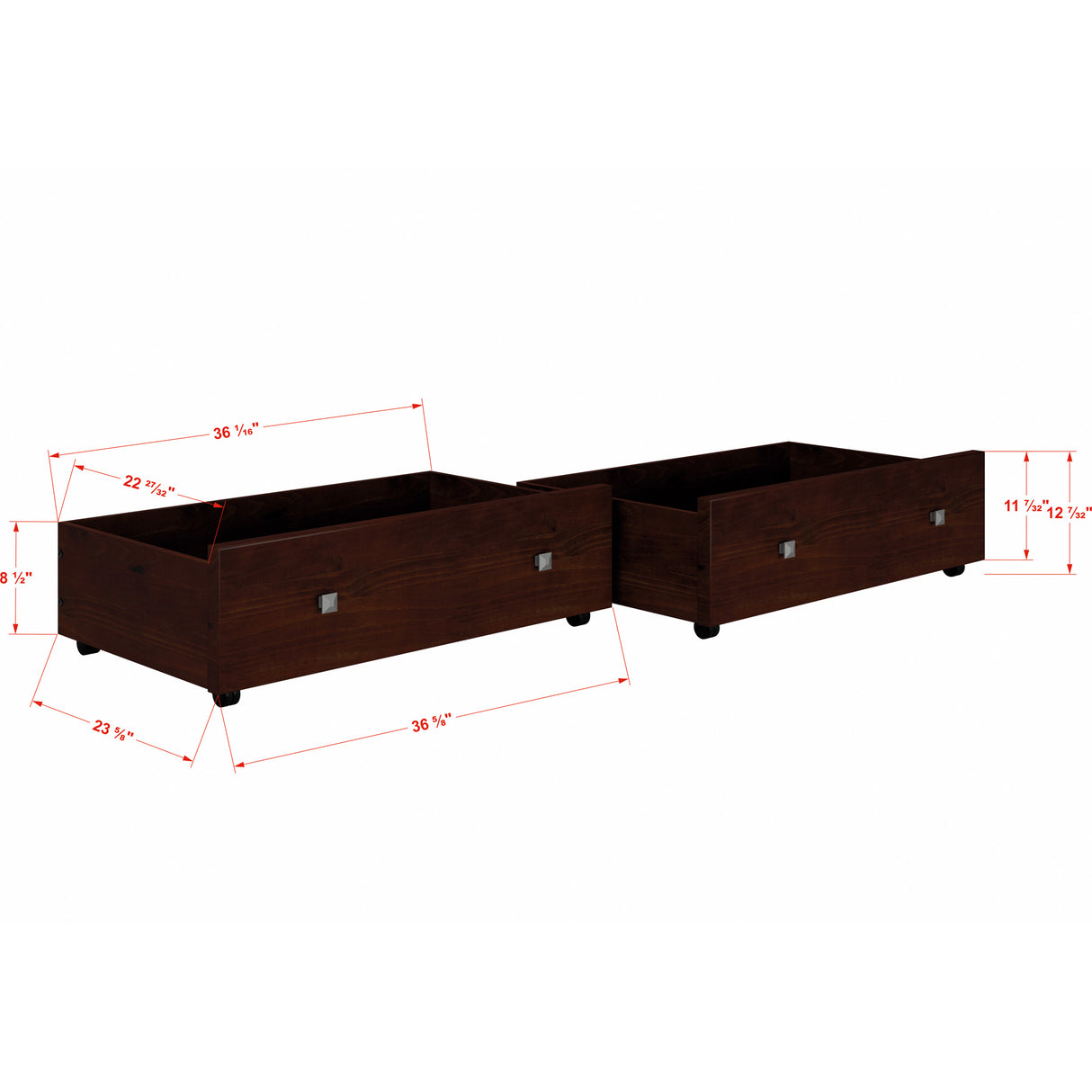 Detail image of Jordan Chocolate Storage Drawers with overlay of product dimensions