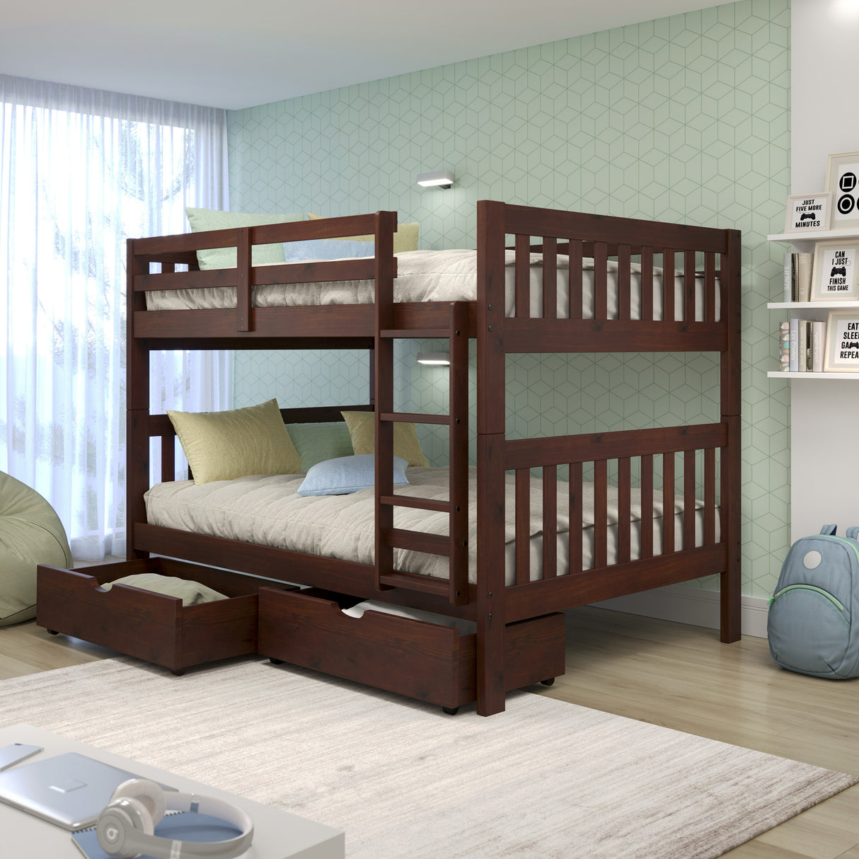 A room setting featuring Jordan Chocolate Storage Drawers