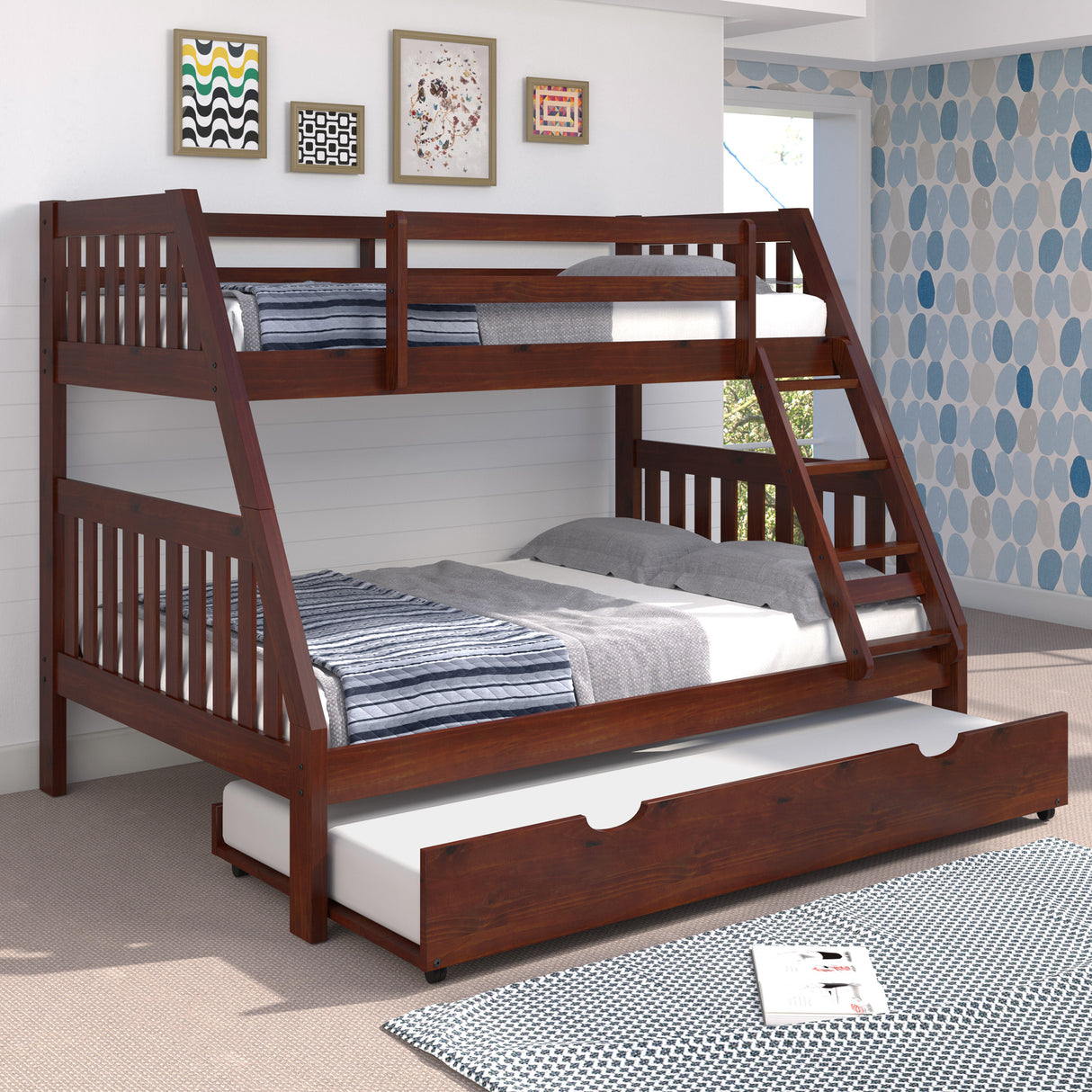 A room setting featuring Jordan Chocolate Twin Trundle Unit