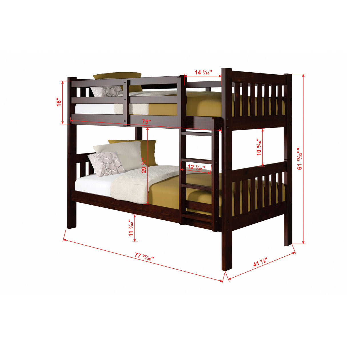 Detail image of Jordan Chocolate Twin Over Twin Bunk Bed with overlay of product dimensions