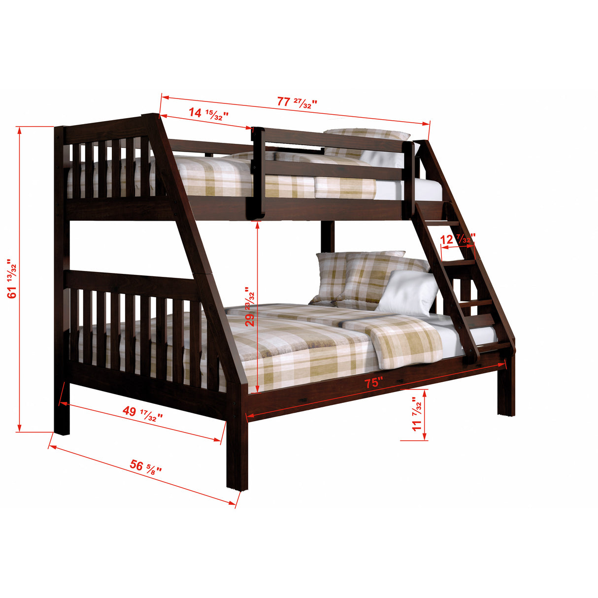Detail image of Jordan Chocolate Twin Over Full Bunk Bed with overlay of product dimensions