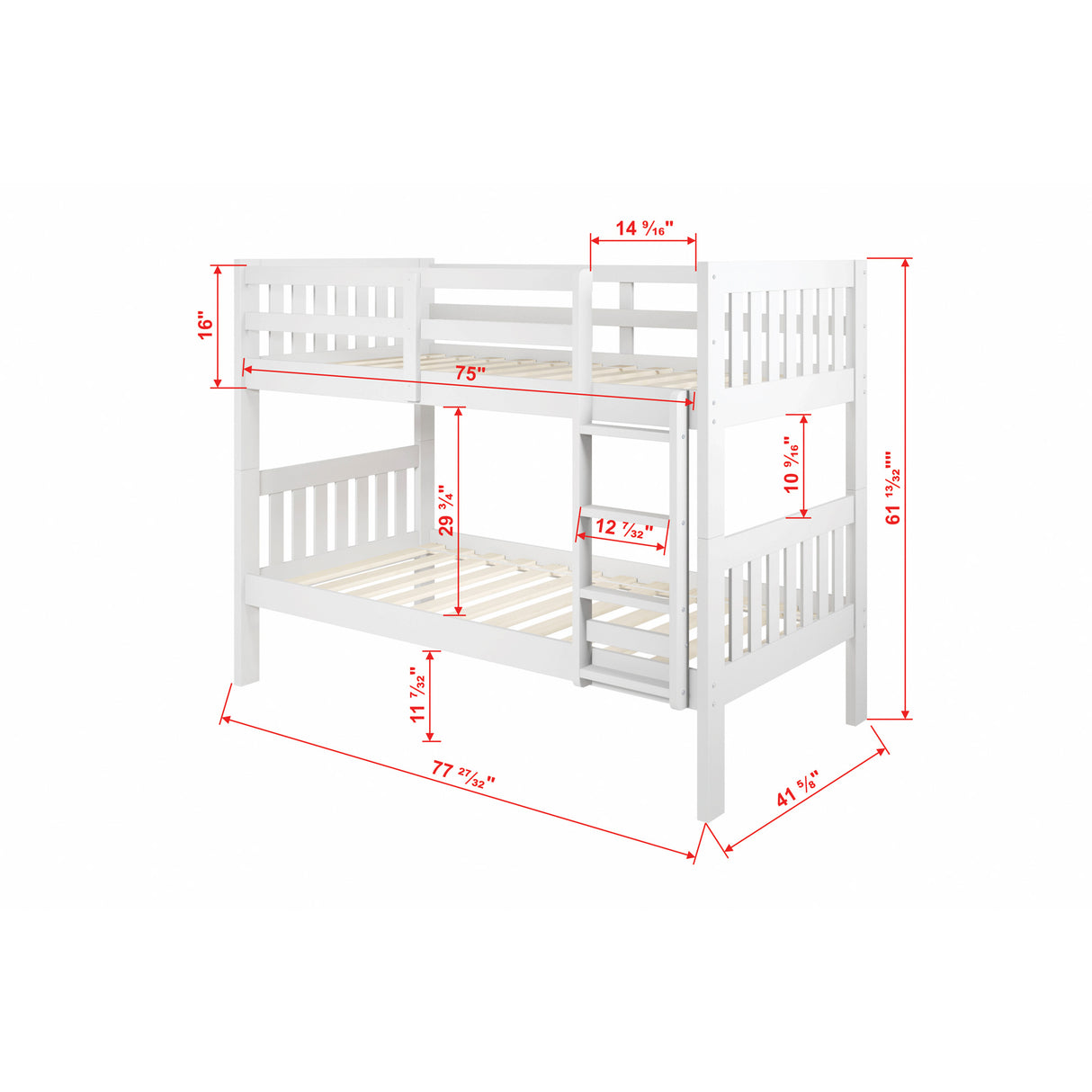 Detail image of Jordan White Twin Over Twin Bunk Bed With Drawers with overlay of product dimensions