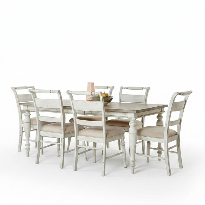 A 7-piece dining set consisting of a rectangular table with a dark brown wood top and white distressed legs, surrounded by six matching chairs with white distressed frames and beige upholstered seats, shown on a solid white background.