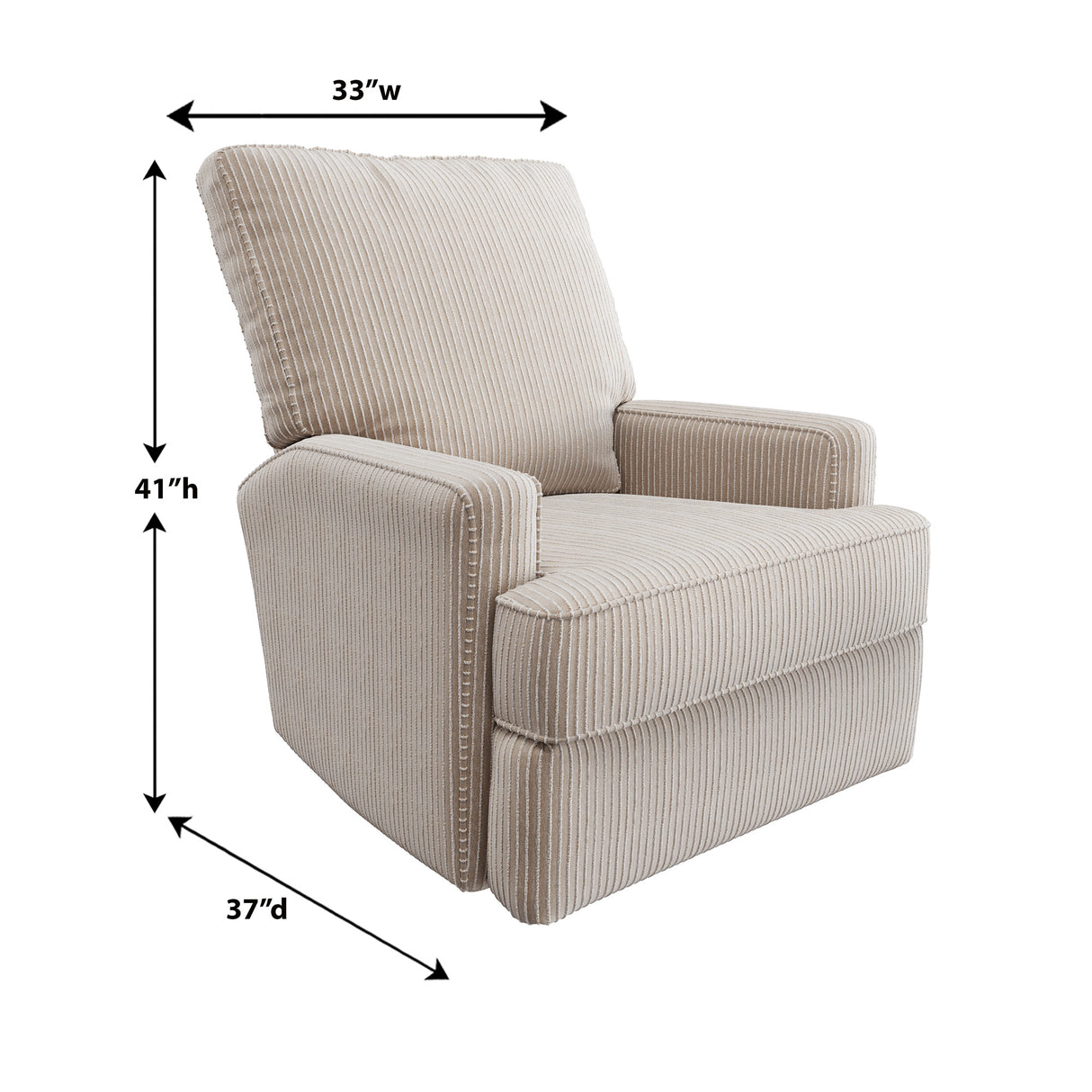Detail image of Kersey Linen Swivel Glide Recliner with overlay of product dimensions