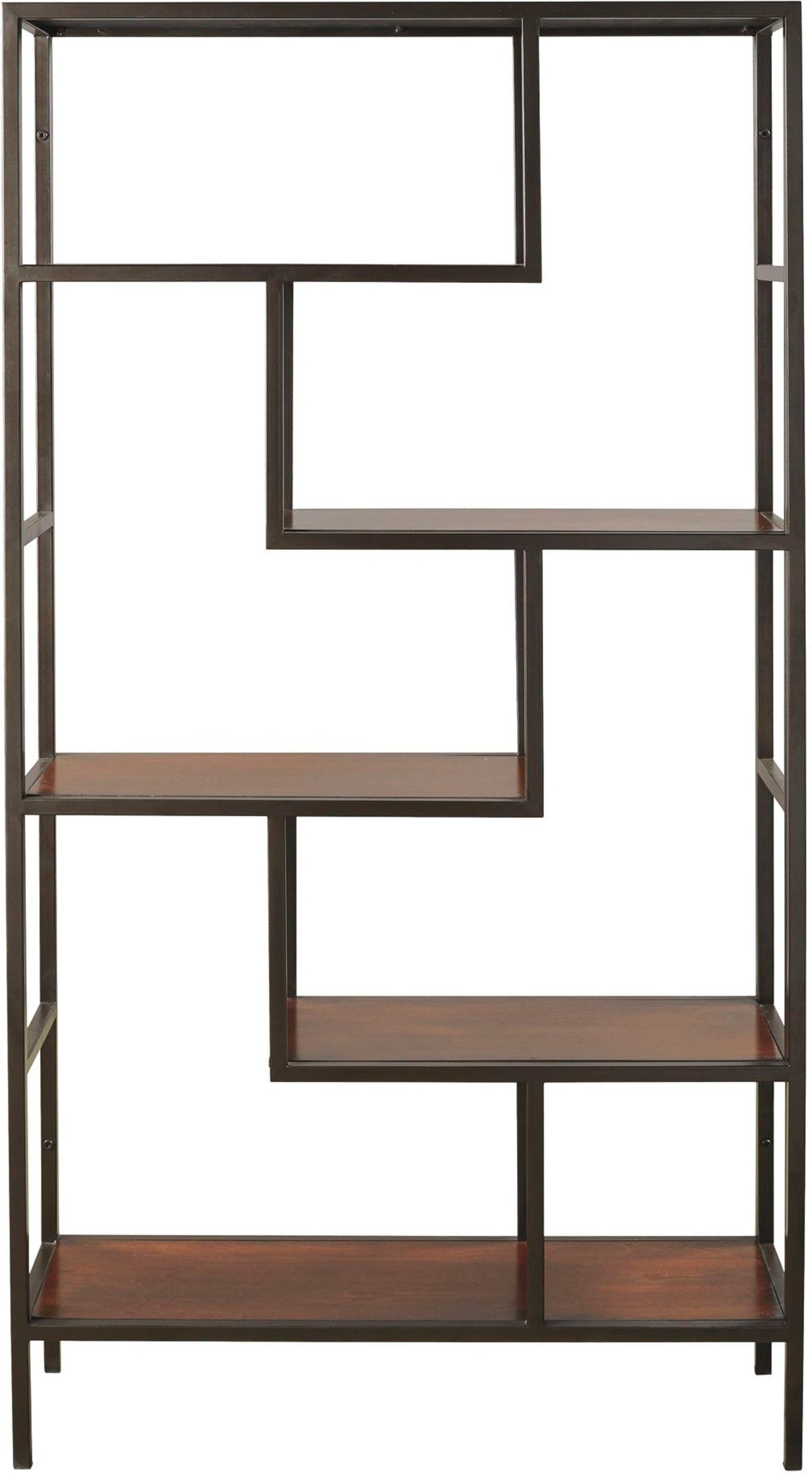 A modern geometric 5-tier bookcase with a dark brown metal frame and warm brown wood shelves, shown against a plain white background.