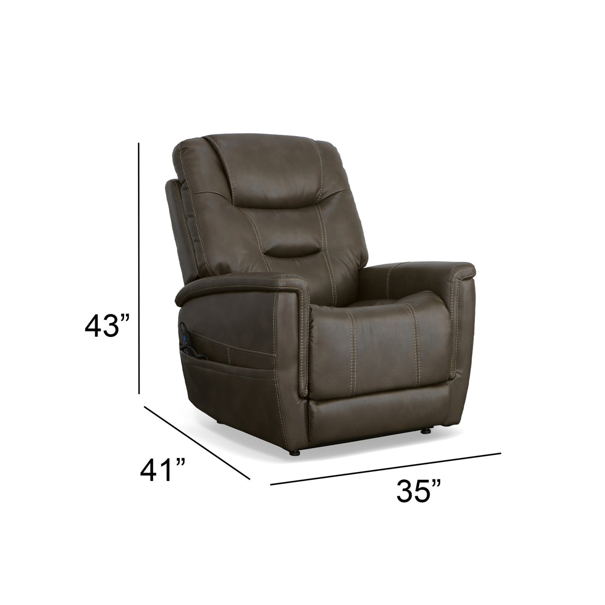 Detail image of Shaw Driftwood Lift Recliner with overlay of product dimensions