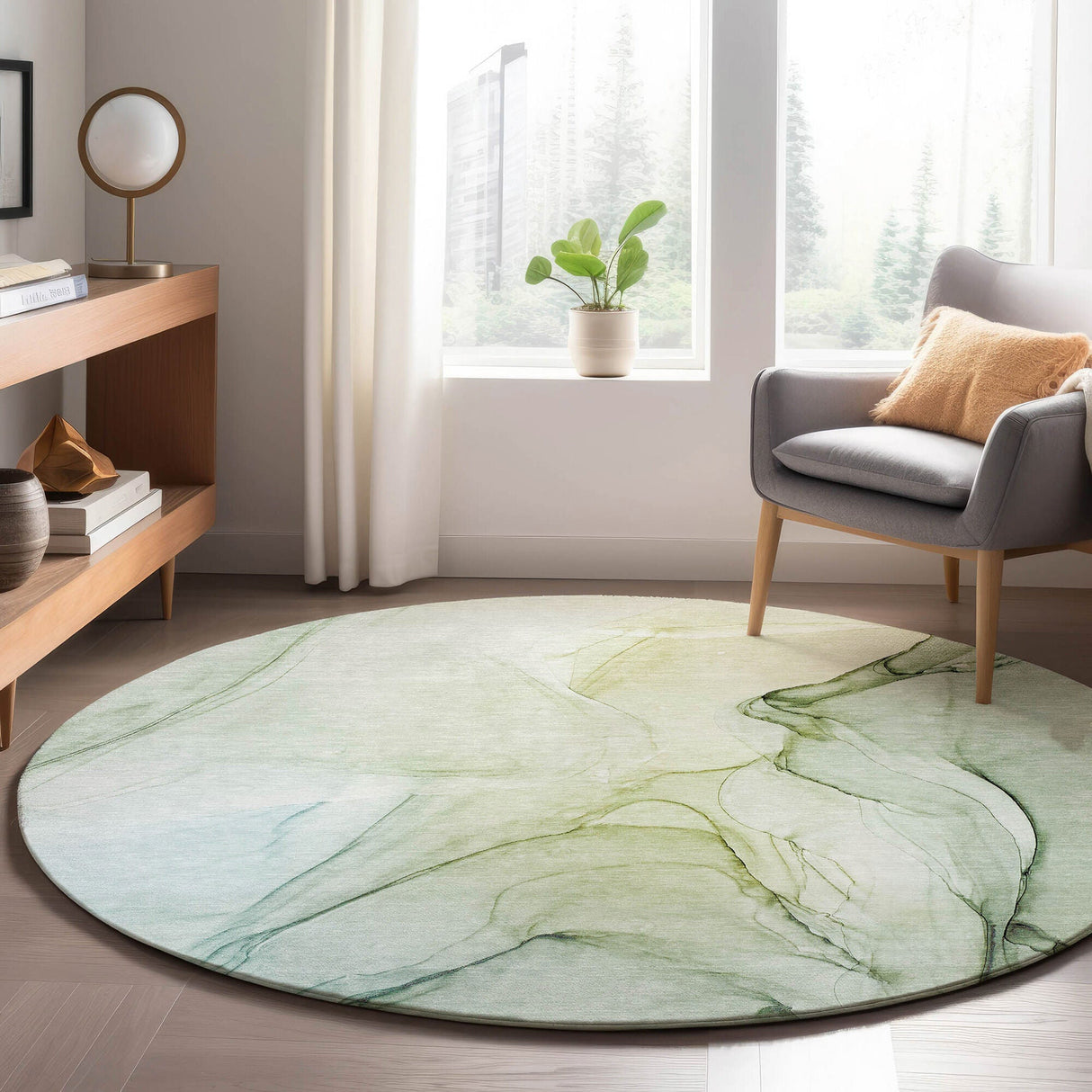 A room setting featuring Odyssey Aloe Round Rug