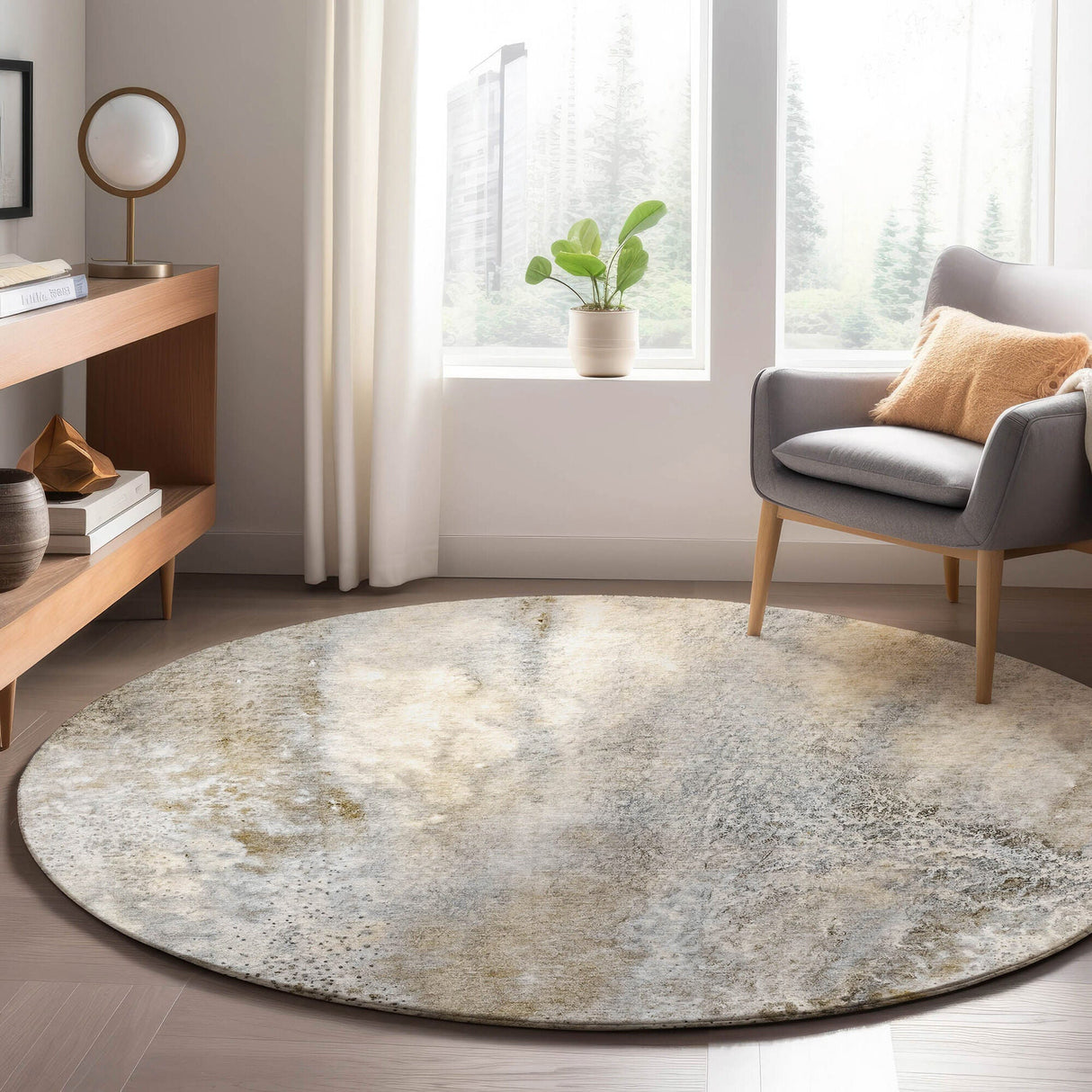 A room setting featuring Odyssey Greige Round Rug