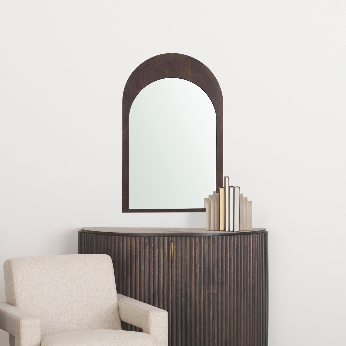 A room setting featuring Celeste Dark Brown Wall Mirror