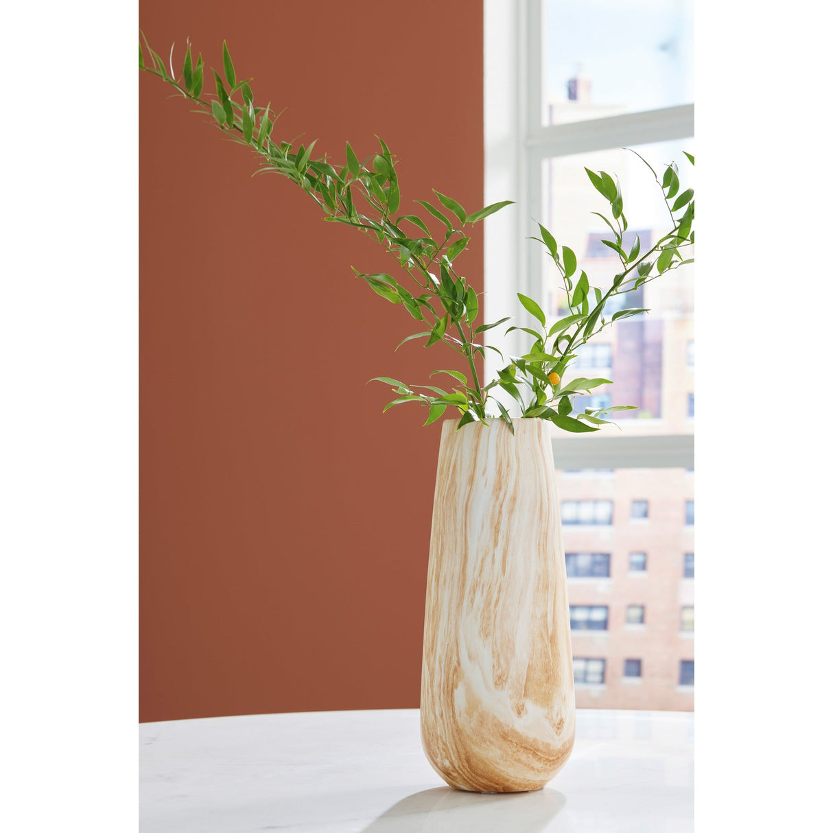 A room setting featuring Cammen Tan Tall Vase