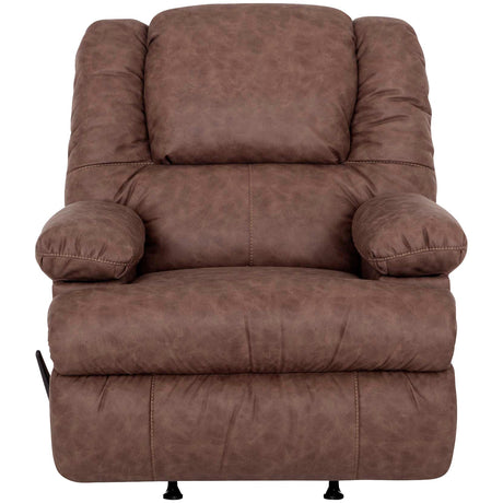 A brown manual rocking recliner chair with two storage arms and a gel-blended foam cushion.