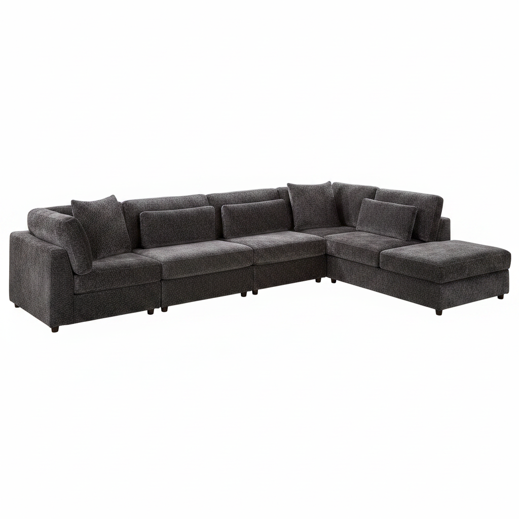 A dark gray textured fabric sectional sofa with an L-shaped configuration, multiple back cushions, and a right-side chaise ottoman, shown against a plain white background.