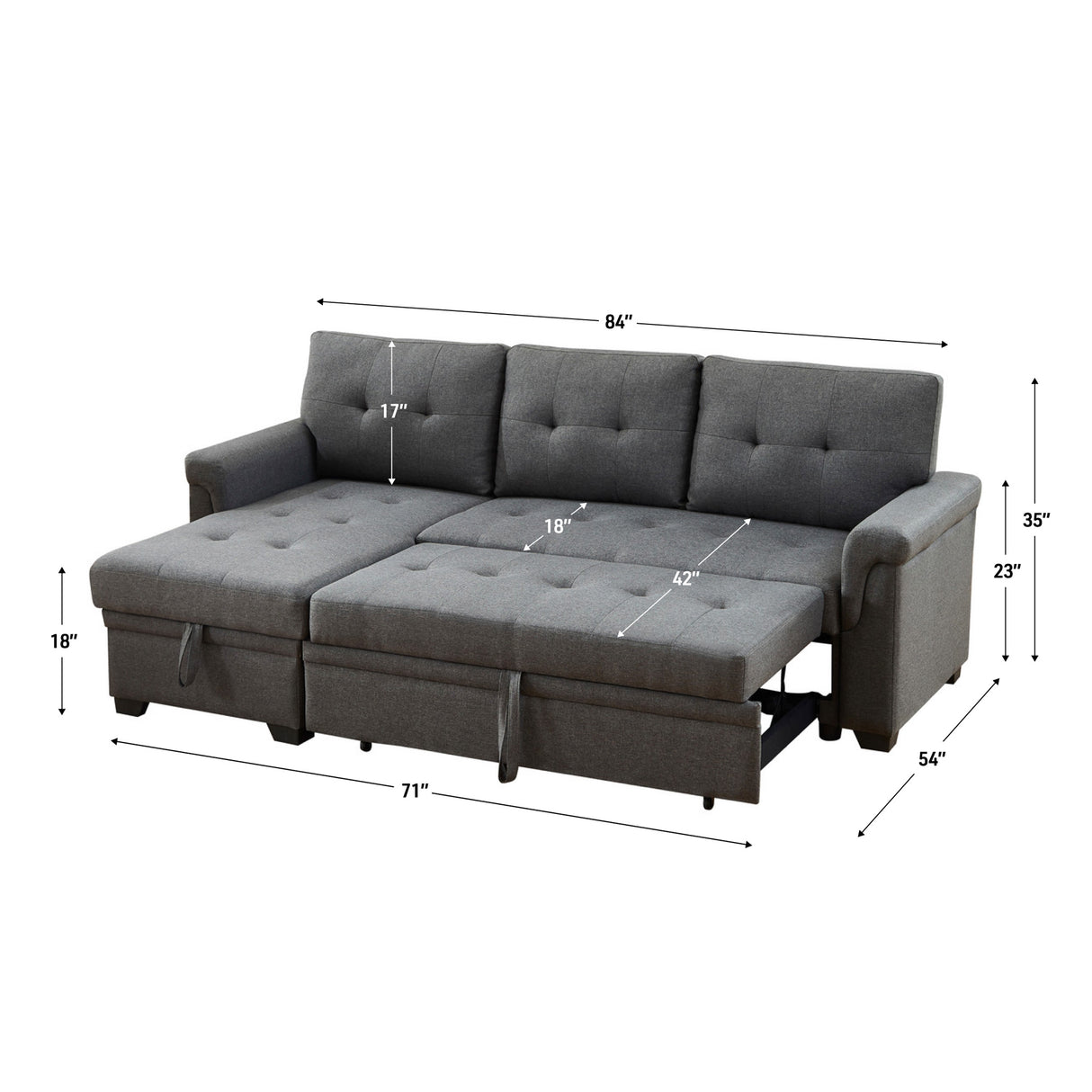 Detail image of Lucca Dark Gray Twin Sleeper Chaise Sofa with overlay of product dimensions