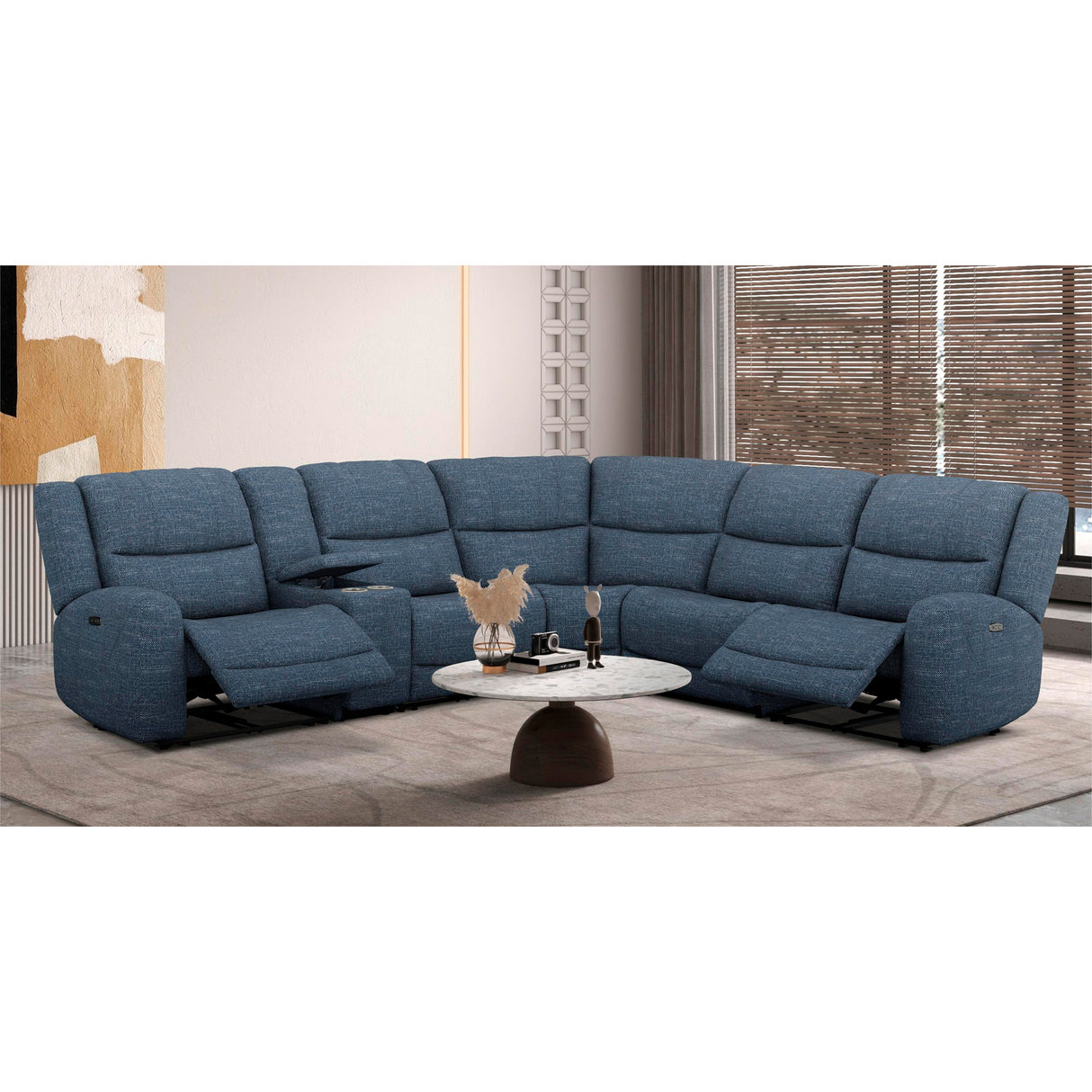 A room setting featuring Grayson Denim 6 Piece Sectional with 2 Power Ends and 1 Power Armless