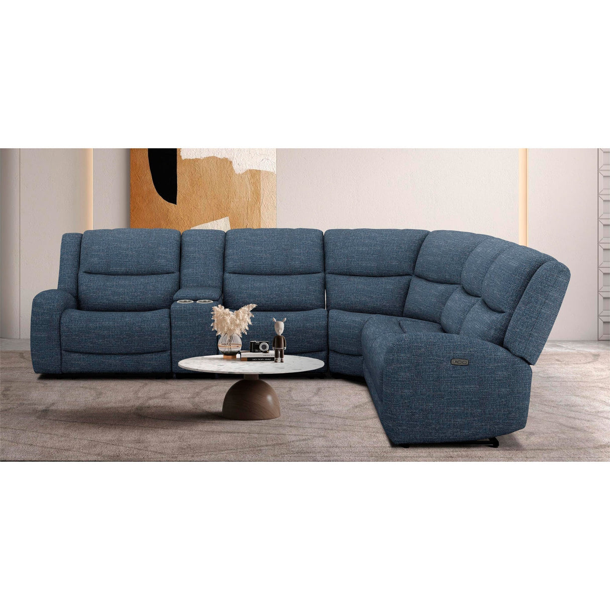 A room setting featuring Grayson Denim 6 Piece Sectional with 2 Power Ends and 2 Power Armless