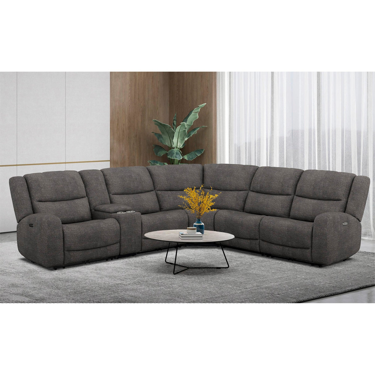 A room setting featuring Grayson Slate 6 Piece Sectional with 2 Power Ends and 2 Power Armless