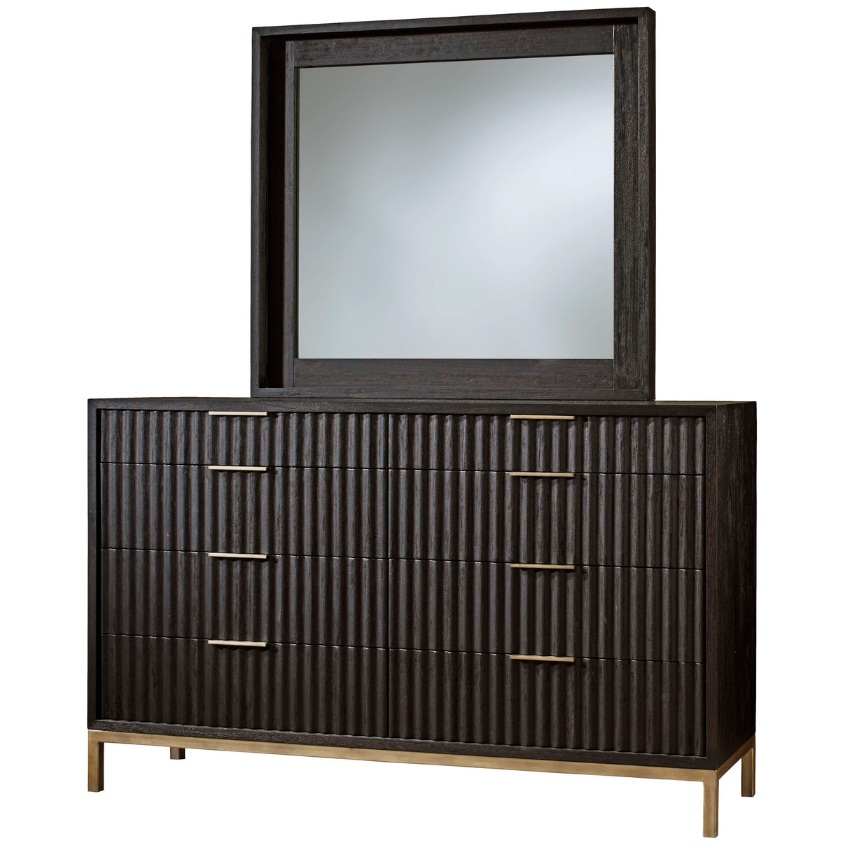 Dark wood dresser with gold accents and matching mirror on a white background