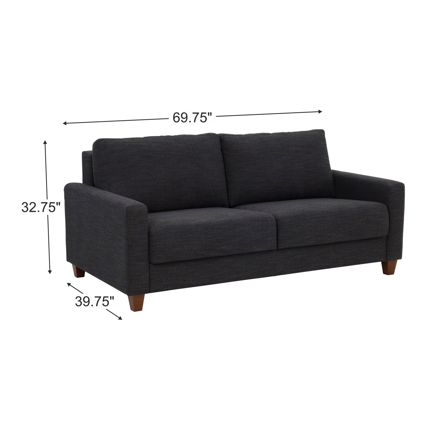 Detail image of Meko Black Queen Sleeper Loveseat with overlay of product dimensions