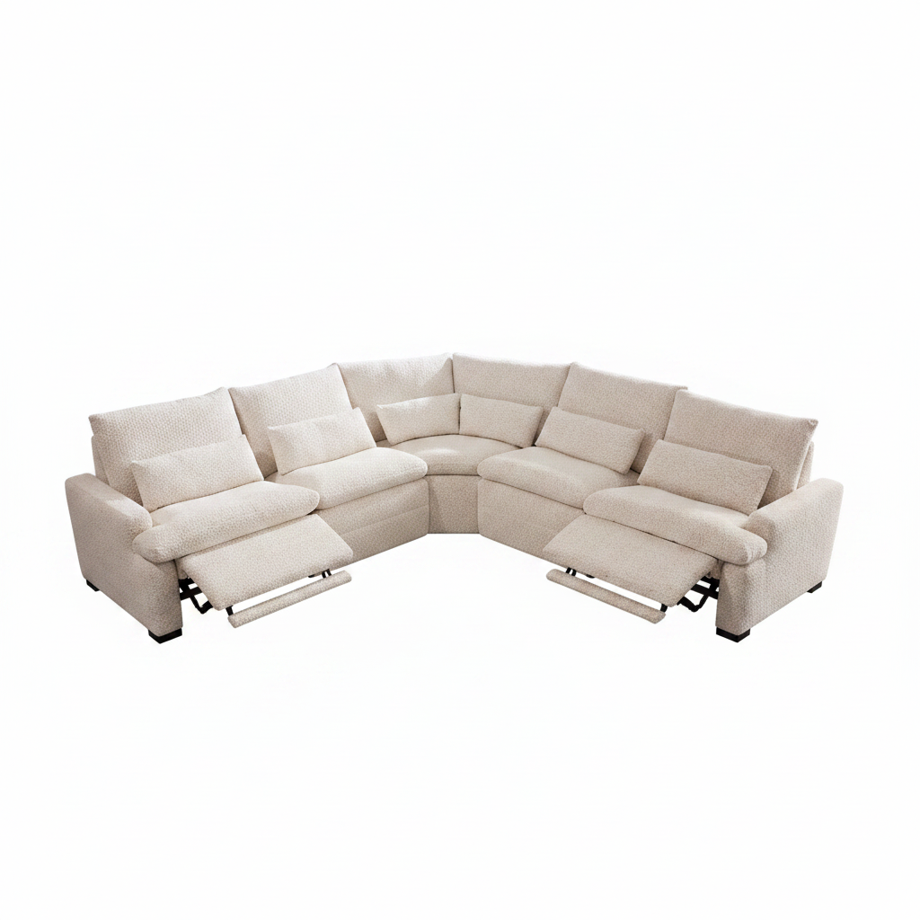 An L-shaped sectional sofa upholstered in light beige textured fabric, shown with both chaise lounge arms extended on a plain white background.