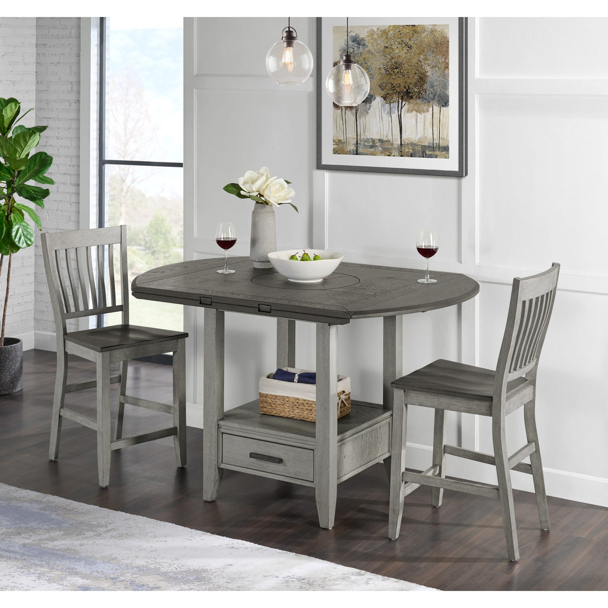 A room setting featuring Kohrs Gray 5 Piece Counter Dining Set