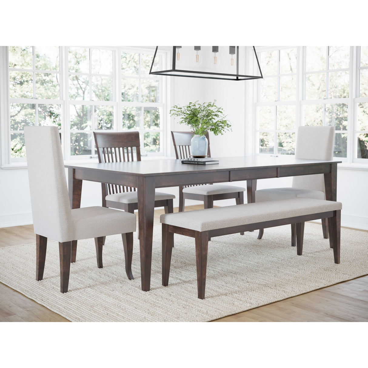 A room setting featuring Lansing Cognac Washed Upholstered Bench