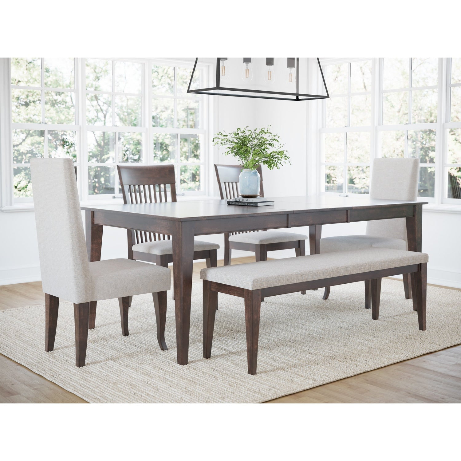 A room setting featuring Lansing Cognac Washed Upholstered Bench