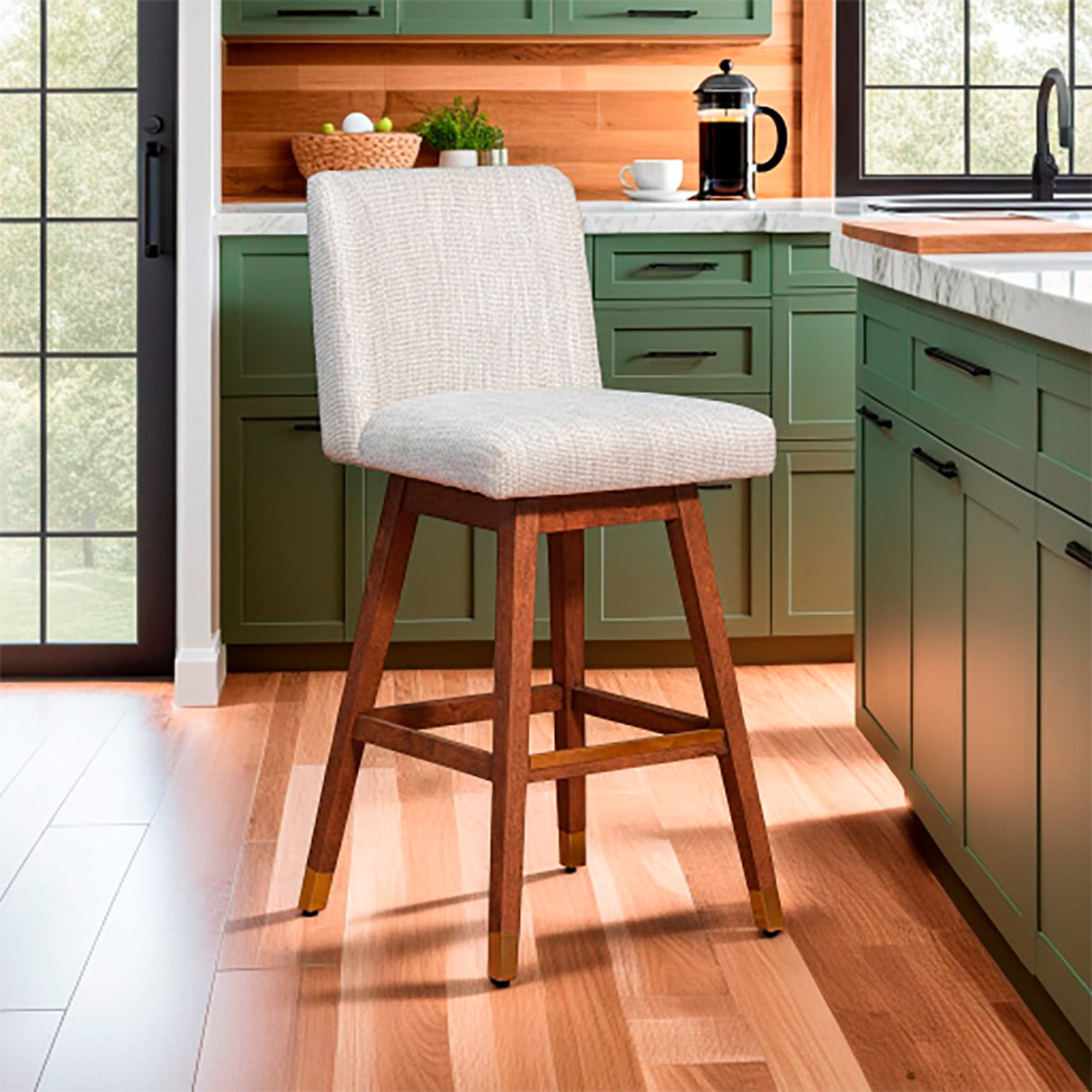 A room setting featuring Isabella Beige Swivel Bar Stool