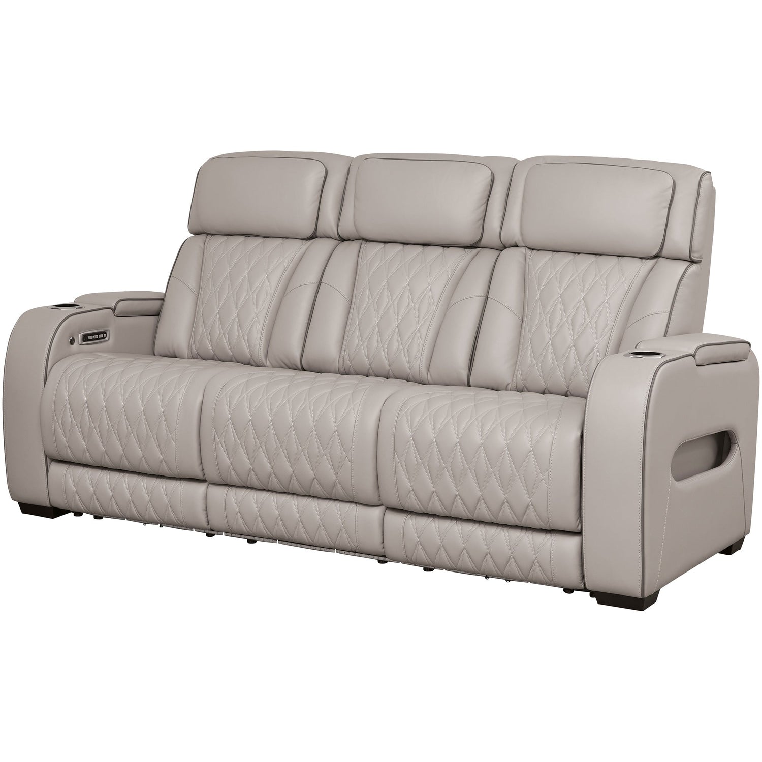 Front right view of Boyington Gray Power Reclining Sofa