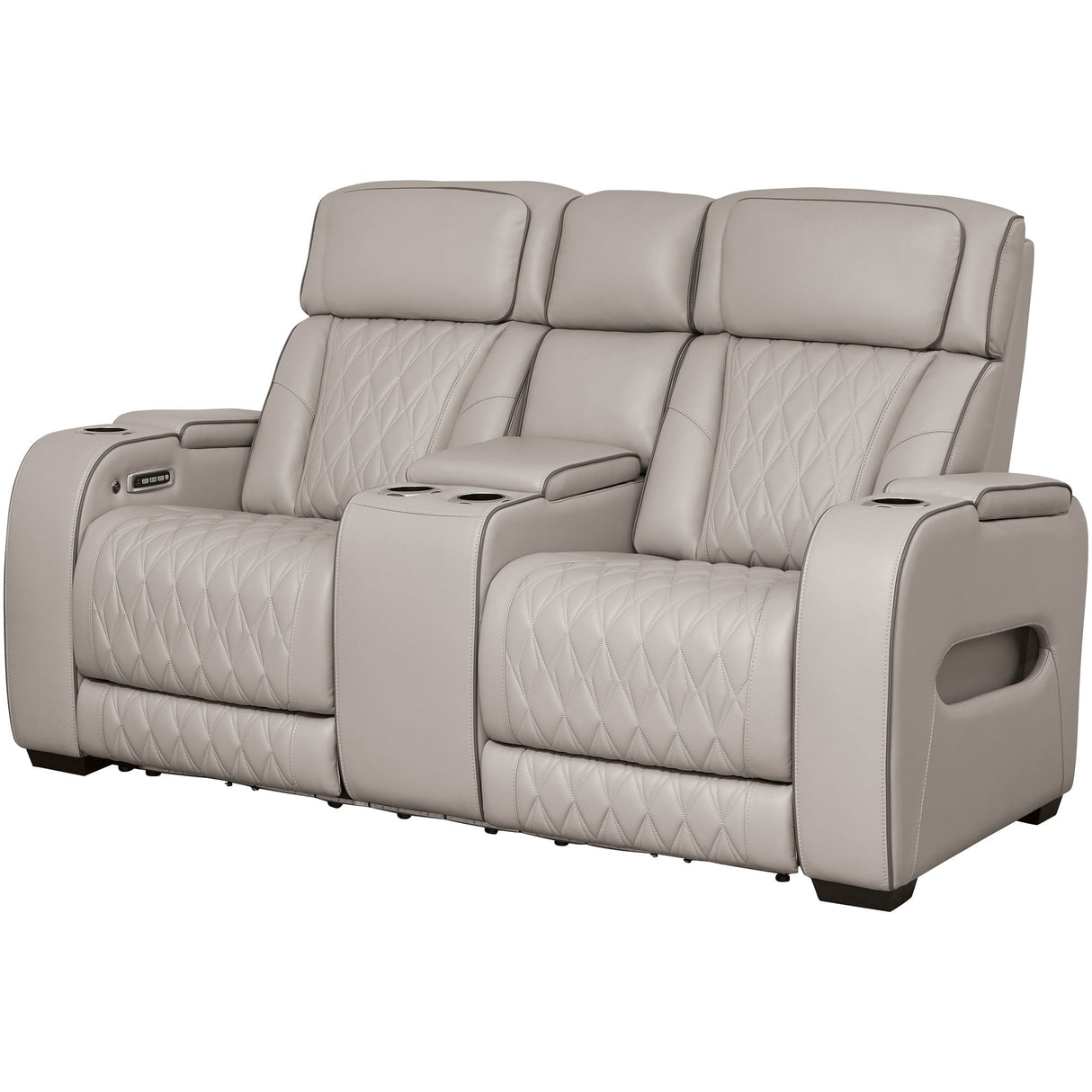 Front right view of Boyington Gray Power Reclining Loveseat