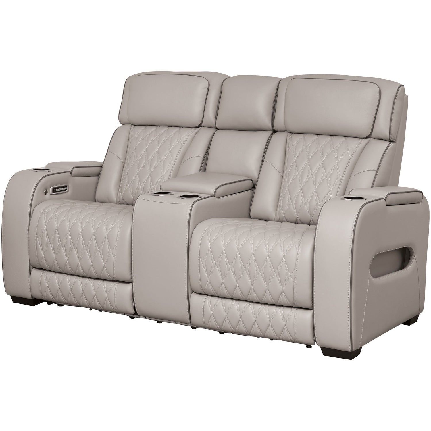 Front right view of Boyington Gray Power Reclining Loveseat