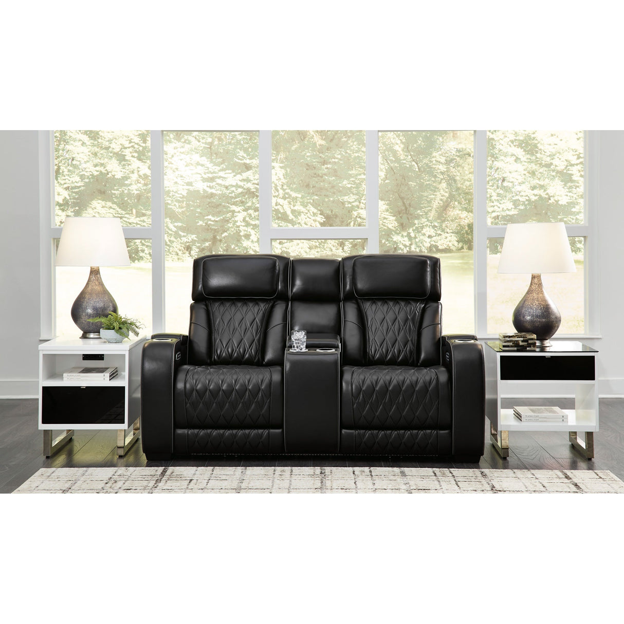 A room setting featuring Boyington Black Power Reclining Loveseat