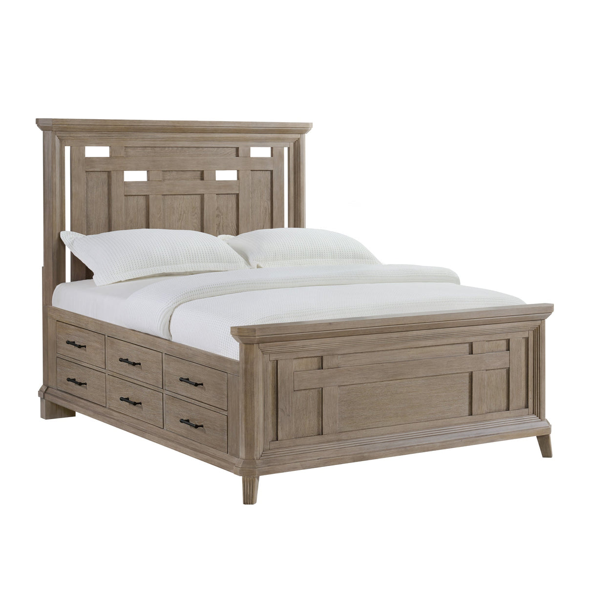 Front right view of Acorn Hill Taupe Queen Storage Bed