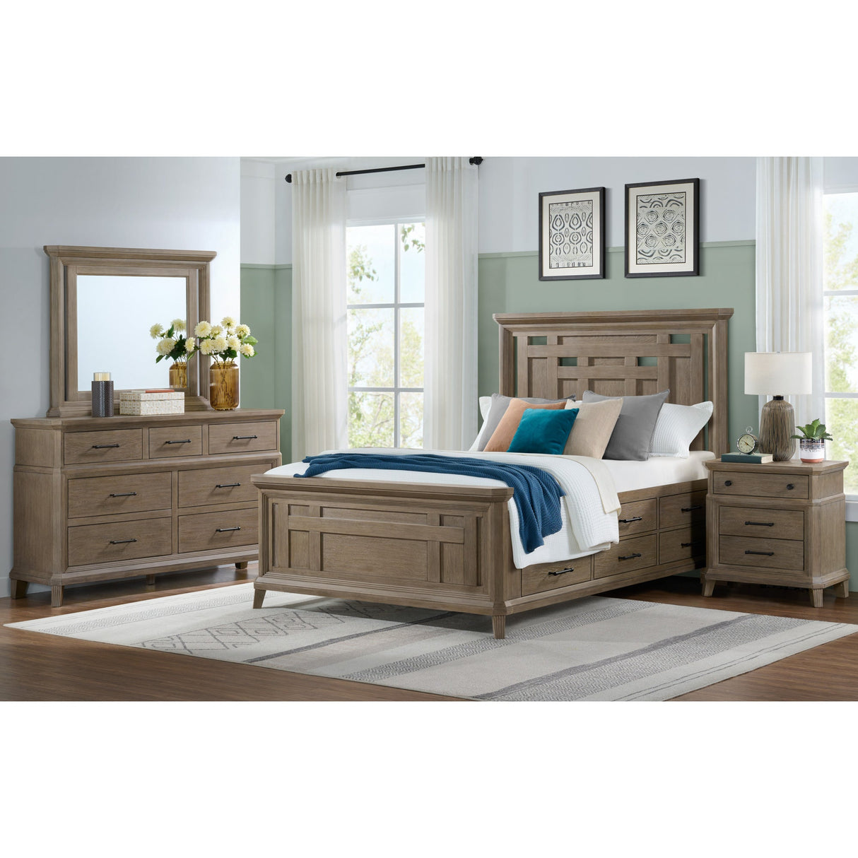 A room setting featuring Acorn Hill Taupe Queen Storage Bed
