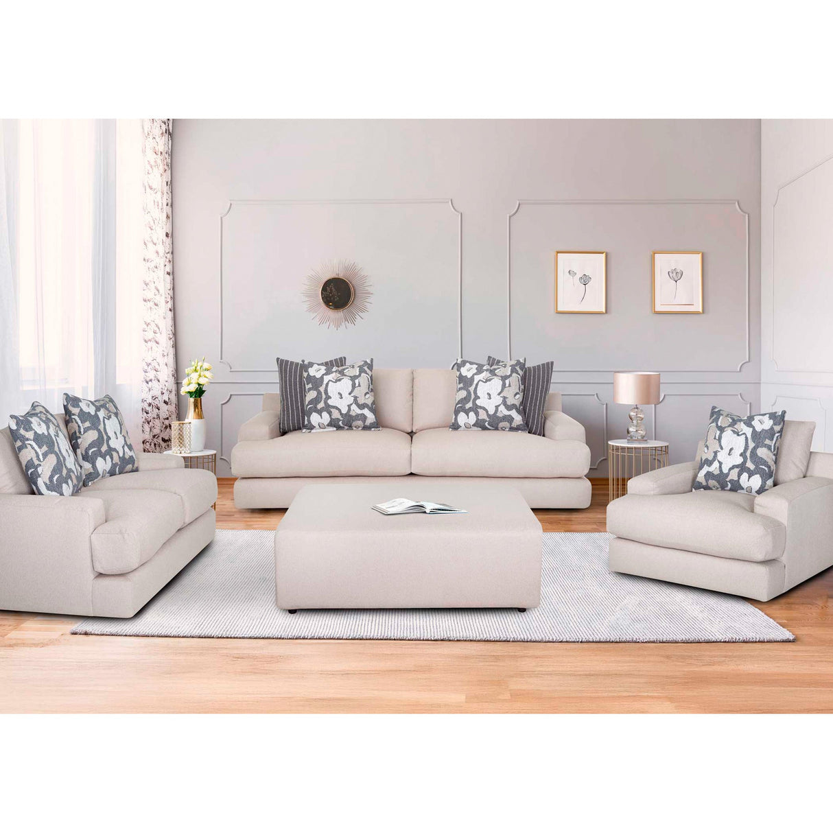 A room setting featuring Sutton Oatmeal Sofa
