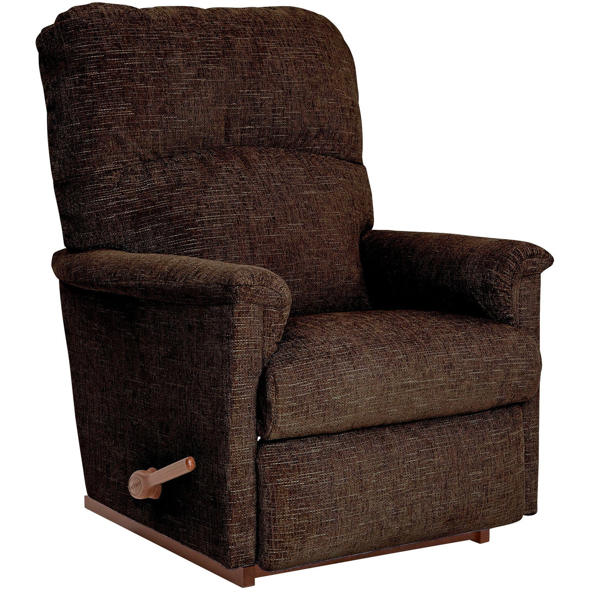 A brown La-Z-Boy Collage Rocker Recliner with a three-position locking footrest, padded arms, and a headrest.