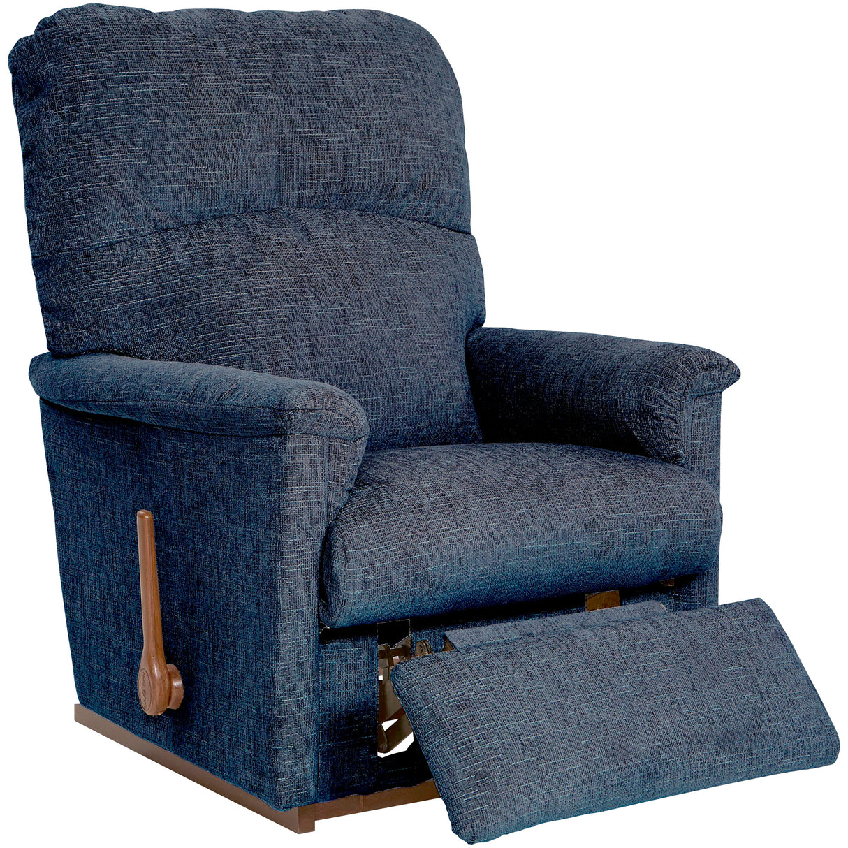 A blue La-Z-Boy Collage Rocker Recliner with a three-position locking footrest, padded arms, and a headrest.