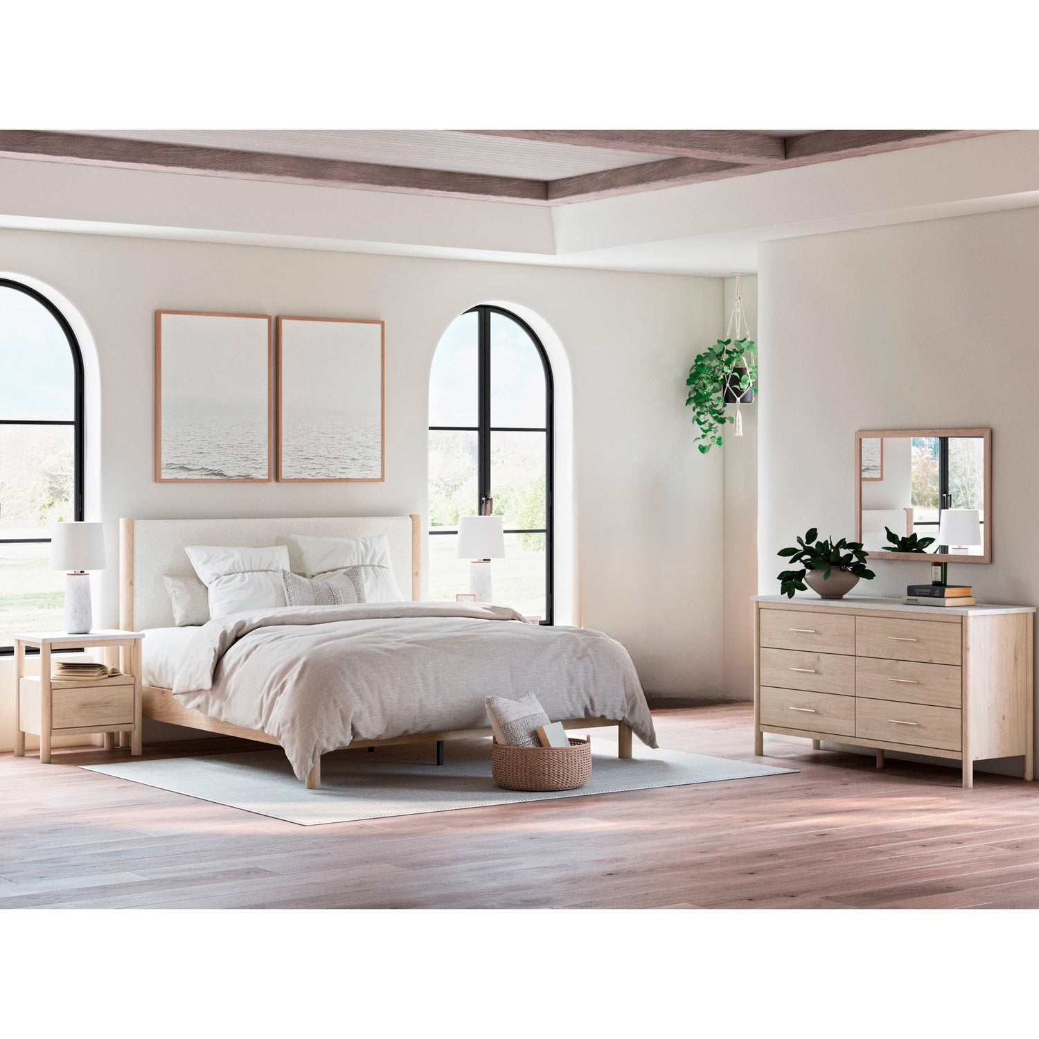 A room setting featuring Cadmori Natural King 4 Piece Upholstered Room Group