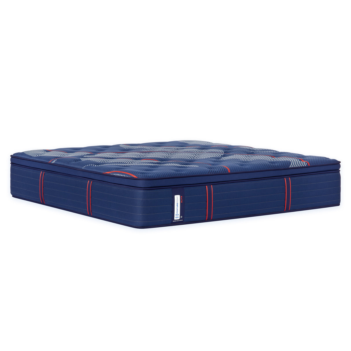 A Sealy Posturepedic Elite Brenham Medium Pillowtop Mattress with blue and red stripe details on the edge.