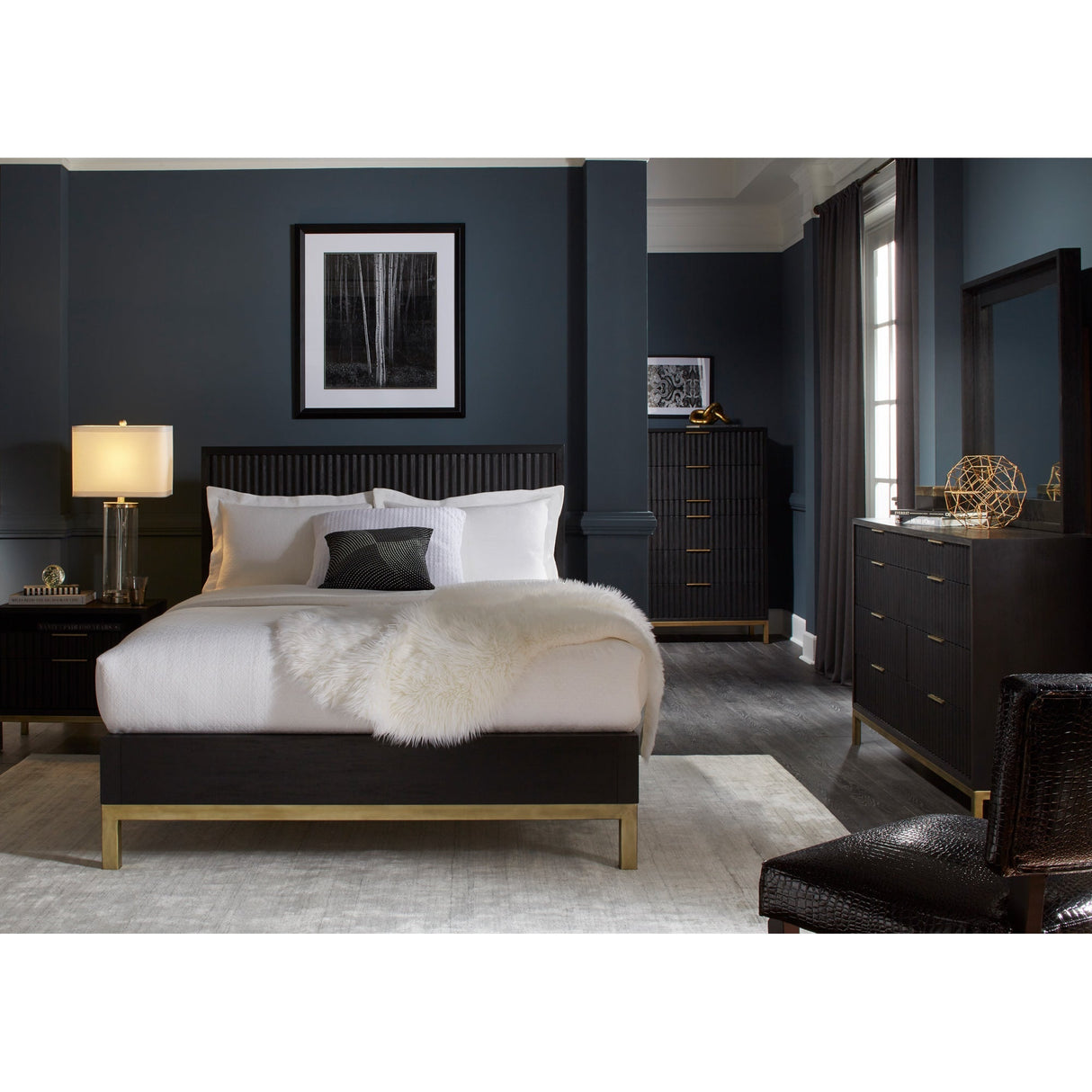 A room setting featuring Kentfield Black King 4 Piece Room Group